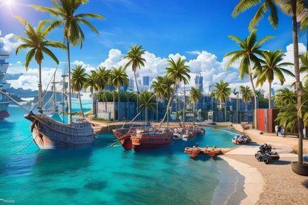 (masterpiece:1.2), (best quality,:1.2), 8k, HDR, ultra detailed, ((photorealistic)), A landscape view of a a city by the sea in the afternoon. Ships docked unloading cargo, waving palm trees. waving palm trees. afternoon sun, blue sky, calm sea, no people, professional light, cinematic lighting, ambient lighting, sunset,