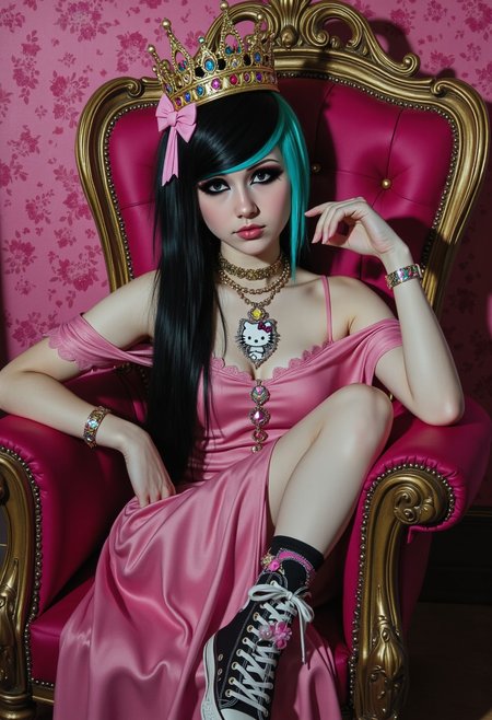 a detailed high renaissance oil painting portrait of a Emo_JBX scene young woman, she has a long emo haircut with long sideswept angled bangs across her forehead framing her face, black teased hair with turquoise highlights and hello kitty bows in her bang, wearing a fancy dress and a necklace with an oversized diamond outline pendant with hello kitty design worn around her neck, she wears a royal queen's crown she wearing colorful black and pink high top converse sneakers, has long eyelashes and sits in a sad pose  on a medieval Hot Pink throne in a Hello Kitty Edgy room her legs crossed and head leaning on one hand,  meticulously painted with visible brushtrokes<lora:Emo_JBX_flux.safetensors:0.9:0.9> <lora:cheats.safetensors:0.4:0.4>