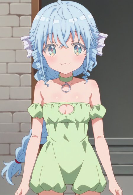 1girl, solo,fa, (rpg fudousan), fasleep, long hair, bare shoulders, blue hair, braid, drill hair, green white dress, clothing cutout, drill hair, cleavage cutout, head fins, looking at viewer, smile, score_9, score_8_up, score_7_up, score_6_up, score_5_up, score_4_up , anime coloring ,BREAK source_anime, anime <lora:Doom PonyXL Fa V5 10epoch:1>