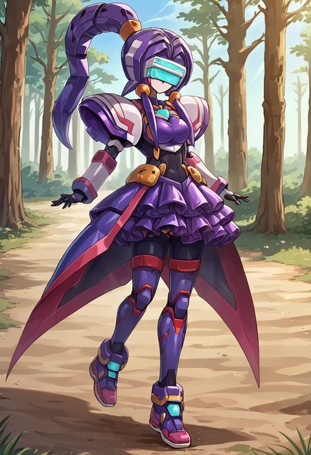 score_9, score_8_up, score_7_up, source_anime, BREAK
<lora:Pochincoff_VirtualOn_V1:1>,Pochincoff_VirtualOn,1 girl, robot, robot joints, armor, bodysuit, colored skin, shiny skin, head_mounted display,  thighhighs, mecha skirt, dark skin, 
Angelan , Purple Armar, Purple Clothes, hairstyle, ponytail,  (Purple hair:1.3), (short hair with long locks;1.3), magical girl,
daytime, nature, forest, leather, wood, sunlight,
