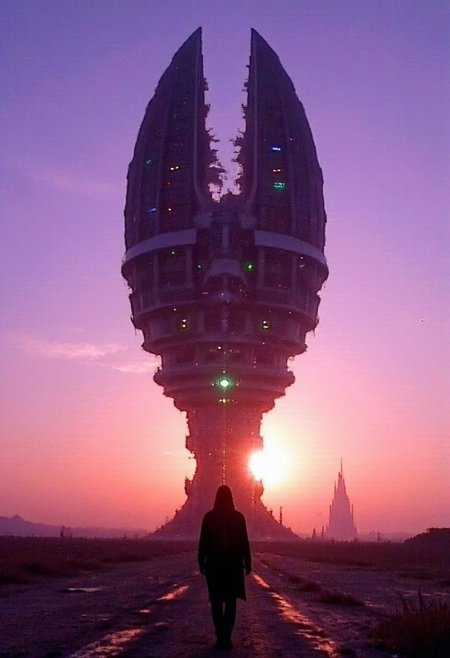 artilands02, v8s, A cinematic wide shot captures a solitary cloaked figure walking through a vast desert landscape at sunset. Colossal beehive towers extend into space, their surfaces flickering with matrix-like code cascades and cyberpunk glitch effects. Reality tears apart around them in shards of neon purple and acid green, creating digital artifacts and corruption zones. The atmospheric barrier where they pierce the sky fragments into crystalline digital shards. The desert ground beneath shows scanline distortions and polygon breaks, while quantum visual noise fills the air. The structures themselves phase between physical and digital states, their patterns decomposing into raw data.