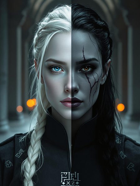 nbn-hel, A symmetrical close-up portrait of Hel standing still inside a vast, dim stone hall. The left side of her face is luminous and flawless — pale skin with soft texture, her white hair falling in a single braid adorned with silver thread. The right side darkens gradually, her black hair slightly damp, her skin a cold grey marked with fine, scar-like lines. The transition is soft and smooth, as if light and shadow naturally reshape her. She wears a high-collared robe, embroidered with runes fading from silver to ash. The background is blurred pillars and distant torchlight.