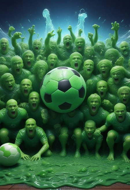 Group photo, football game, group sport, slimy, extremely detailed, hyperrealistic, detailed background, slime-morph