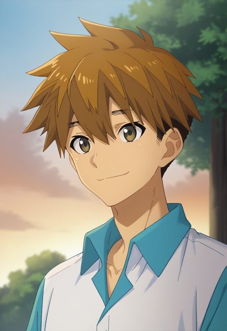 score_9, score_7_up, source_anime, 
yokoya, 1boy, male focus, solo, brown eyes, brown hair, hair between eyes, short hair, multicolored clothes, shirt, collared shirt, blue shirt, white shirt, short sleeves, smile,
outdoor, sky, tree, cloud,