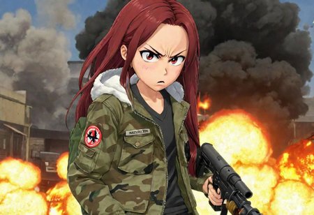 <lora:Ami_Arakawa:.7>,soldier,cargo pants,camo jacket,(angry determination),flamethrower gun,flamethrower:1.2,