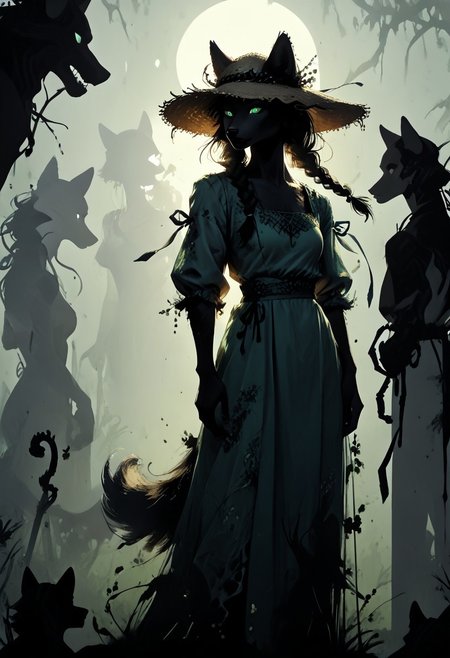 score_9,score_8_up,score_7_up,score_6_up,score_5_up,score_4_up, (((green))), backlight colors, (silhouette:2), backlighting, glowing green eyes, high contrast, vivid lighting, (((wolf))), twin braids, (solo), (solo:2), female furry, anthro, swamp, dress, straw hat, (holding spear:1.2), monochromemuse, monochrome, greyscale, rinotuna, dark aura, fluffy wolf tail, fluffy fur