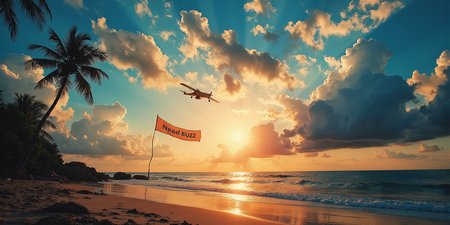 Fiery dawn awakening: A Canon EOS 5D captures the majesty of scattered small clouds kissed by direct sunlight, against a brilliant blue sky with a lush tropical beach distantly in the background. A small plane flied across the sky with a banner  behind it. On the banner is clearly written: "Need BUZZ". The camera, positioned at ground level, takes in the vast expanse below, as Fujicolor Pro film renders a photorealistic landscape with natural contrast and subtle vignette. Inspired by Miko Lagerstedt's dramatic skies and Liam Wong's hyper-realism, this original shot is a masterclass in composition, featuring intricate cloud formations and breathtaking color palette, analoguehanx83,Grunge Art.