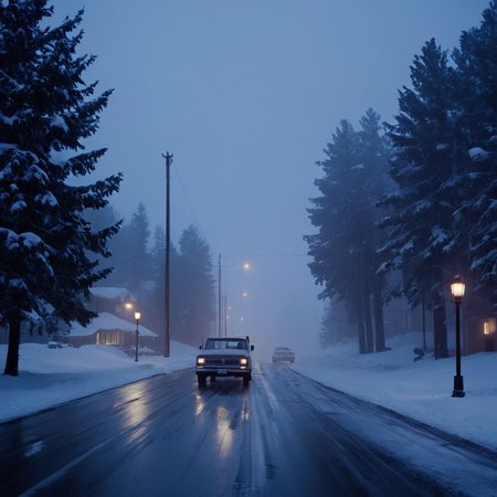 UHD, 4k, ultra detailed, cinematic, a photograph of  <lora:perfection style:0.5> <lora:detailed:0.5> perfection detailed
 <lora:The Shining film style:0.9>
 <lora:1980's style:0.4>
In the 1980's in the Colorado Rocky Mountains a truck driving down a snow covered street,outdoors,sky,tree,no humans,night,ground vehicle,building,night sky,scenery,motor vehicle,blue theme,car,light,road,lamp,dark,lamppost,street,fog , cinematic, film, kodak, The Shining film style, epic, beautiful lighting, inpsiring