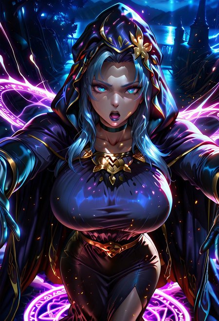 1girl, Smooth Quality,3DMM, mature, curvy, beautiful eyes, 1girl, solo, huge breasts, serious, open mouth, medea (fate), blue hair, purple lips, long hair, blue eyes, black choker, hooded cloak, hood up, purple cape, black cloak, collarbone, purple dress, pencil skirt, long sleeves, black gloves, long dress, spread arms, open hand, flying, falling, (magic circle:1.2), laser, purple aura, dark, night, sky, outside, looking at viewer, shiny skin, <lora:medea illustxl:1>, dynamic angle, <lora:SmoothStyle_Omega:1>masterpiece, best quality, amazing quality, intricate detail, highly detailed, absurdres,Smooth Quality,SmoothQualityPony, SmoothNegativePony​​​