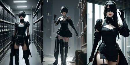 (otherworldly), highly insanely detailed, masterpiece, top quality, best quality, highres, 4k, 8k, RAW photo, (very aesthetic, beautiful and aesthetic), Cyborg, 
__lazy-wildcards/cosplay-char/Nier/2b/prompts__, 
<lora:Cyborg-models-542854:0.5>, 
(1girl, solo:1.6), 
BREAK
__lazy-wildcards/dataset/background__, (fantasy world)âââ