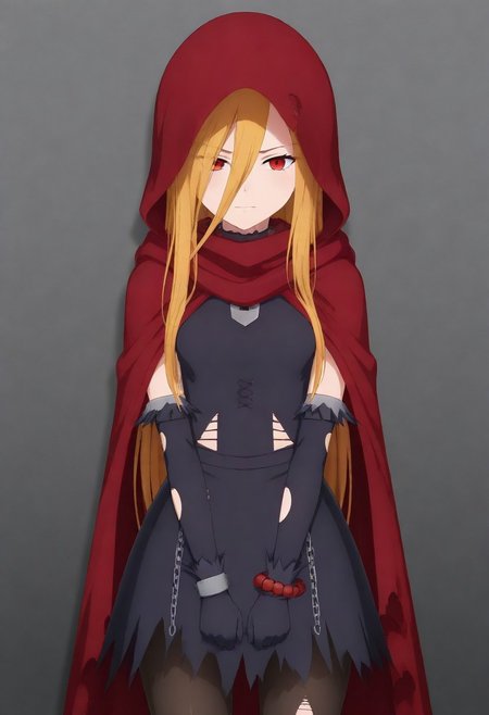 masterpiece, best quality, amazing quality,,, shiny skin,,,,,, <lora:Evileye:1> N4rb3r4lG4mm4, red eyes, blonde hair, very long hair, hair between eyes, torn clothes, hood, pantyhose, black dress, gloves, chain, hooded cloak, shackles,