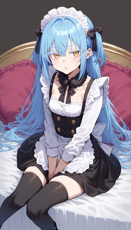 score_9, score_8_up, score_7_up, score_6_up, tsepmet_urumir_xl, rimuru tempest, fur collar, long hair, blue hair, yellow eyes,
pillow, thighhighs, open mouth, maid, rating:questionable, maid headdress, solo,black legwear, sitting, hair between eyes, black footwear, looking at viewer, hair bow, bow, = =;, sweatdrop,
1girl,jirai kei,small breasts,colored eyelashes,white eyelashes,blunt bangs,pale skin, eyes visible through hair,expressionless,(frown:0.7),lipstick,
miniskirt,black skirt,frilld white shirt,long sleeves,pleated skirt,black thighhighs,cowboy shot,lace choker,thick thighs,sitting on white chair, cross wall,(v arms:1.4),
Tranquil, Peaceful, psychiatrist, blue moon, serenity, dark, night,
<lora:Rimuru_Tempest_XL_Pony:1>
<lora:Concept Art Twilight Style SDXL_LoRA_Pony Diffusion V6 XL:1>