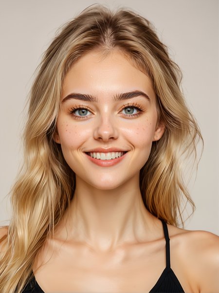 30yo neysasynth, full body, standing, neutral background, smile,