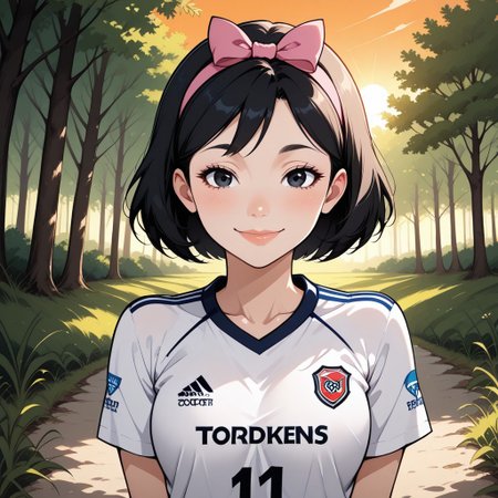 score_9, score_8, BREAK, solo, total drama, 1girl, short black hair, pink headband, pink head bow, black eyes, lips, RiverPlate, striped shirt, striped, shirt, white shirt, short sleeves, clothes writing, sportswear, soccer uniform, EllaTD, cute, sexy pose, self portrait, smile, looking at viewer, outdoors, sunlight, shadows, evening lighting, natural lighting, forest, trees, grass, orange sky, sunset