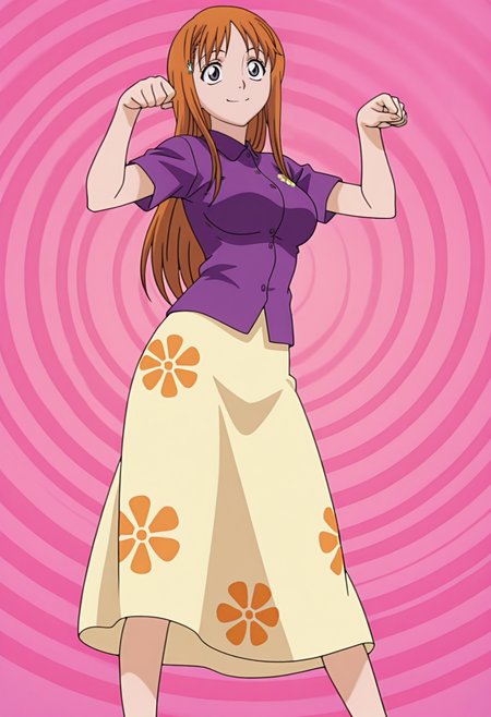 masterpiece, best quality, amazing quality, anime screencap, anime coloring, 1girl, solo,   <lora:DX888Orihime:1> inoue orihime, grey eyes, orange hair, long hair,
hairclip, polo shirt, purple shirt, long skirt, floral print, BREAK simple background, spiral background,  (simple background:1.2) BREAK  (dynamic pose:1.2), smile, blsuh, paw pose, standing, legs apart, from below, from side,