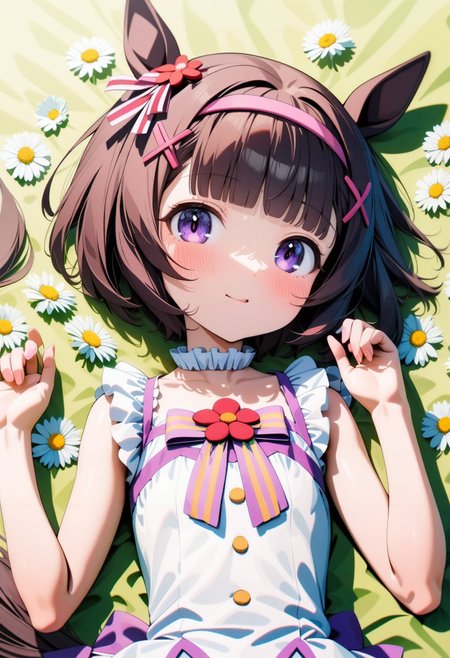 1girl,  solo, NishinoFlower, horse girl, purple eyes, horse ears, horse tail, black hair, short hair, blunt bangs, x hair ornament, pink hairband, flat chest,ais-flowery,Neutral, A relaxed facial expression with a slightly open mouth.,floral print sundress,lying on back,pose,looking at viewer,between the legs,daisy,flower background,watercolor effect, 
<lora:sdxl-um-nishino:0.8>, masterpiece, best quality, very aesthetic, absurdres, highly detailed,Perfect features,Ray Tracing,newest,<lora:neg4all_bdsqlsz_xl_V7:1>, <lora:Flowery_Style_SDXL:0.6> ,<lora:LECO_LessMuscularityXL:1>