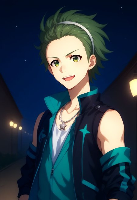 score_9, score_8_up, score_7_up, source_anime, highly detailed, 
mitarai, 1boy, male focus, green hair, green eyes, solo, fingerless gloves, gloves, smile, jewelry, open mouth, necklace,
hairband, sleeveless, shirt, jacket, upper body,
blue blackground, stars (symbol), lights,