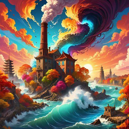 turbulent ocean with crashing waves, smoke gently rising from the chimney, vibrant and colorful,Surreal digital illustration with a mystical vibe, intricate details in the vortex, scattered ruins, a background of towering, dramatic shadows and vivid colors, showing a tranquil canal flanked by colorful autumn trees and elegant pagodas, intense sunset