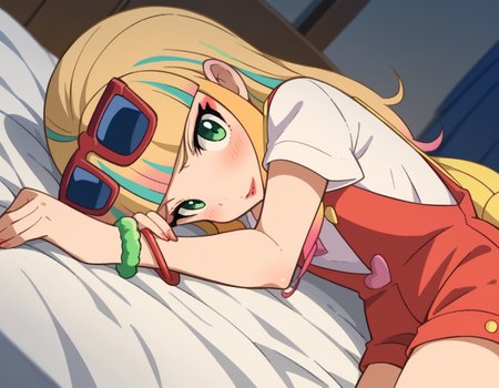 score_9, score_8_up, score_7_up, source_anime,
pokemonrisa, <lora:pokemon-risa-movie-ponyxl-lora-nochekaiser:1>,
risa, long hair, bangs, blonde hair, green eyes, multicolored hair, blunt bangs, makeup, lipstick,
shirt, jewelry, short sleeves, heart, bracelet, sunglasses, eyewear on head, overalls, overall shorts,
indoors, bed, bed room, on side, blush, drunk,
looking at viewer, cowboy shot, solo, dutch angle,