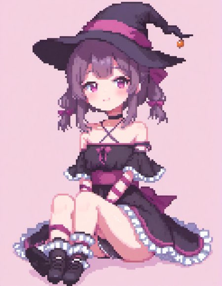 (Pixel art:1.2), 1girl, <lora:Fallenshadow_SDXL:0.8>. Fallenshadow. criss-cross halter. solo. petite. black dress. witch hat. leg ribbon. halterneck. waist bow. sleeves past wrists. blush. frills. pink background. sleeves past fingers. plaid background. bare shoulders. sitting. looking at viewer. frilled dress. alternate costume. short dress. short twintails. arm ribbon. food-themed clothes. twintails. heart. witch. off shoulder. large hat. hand between legs. between legs, black background, seductive smile