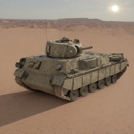 highres, best quality, masterpiece, very aesthetic, newest,source_photo,realistic,photo \(medium\),  no humans,tank,turret,outdoors,desert,sun, <lora:ReallustriousX:1>