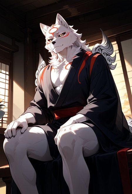 score_9_up, score_8_up, score_7_up, masterpiece, best quality, amazing quality, very aesthetic, absurdres, newest,  high quality, detailed, male, solo male, Amaterasu, 1boy, mature male, male, wolf, white fur, red markings on face, red markings, anthro, athletic build, broad shoulders, animal ears, black sclera, yellow eyes, black and red robe, volumetric lighting, beautiful, indoors, black and white robe, dutch angle, thick thighs, scenic, Expressiveh, indoors, sitting cross legged, Japanese interior, sitting