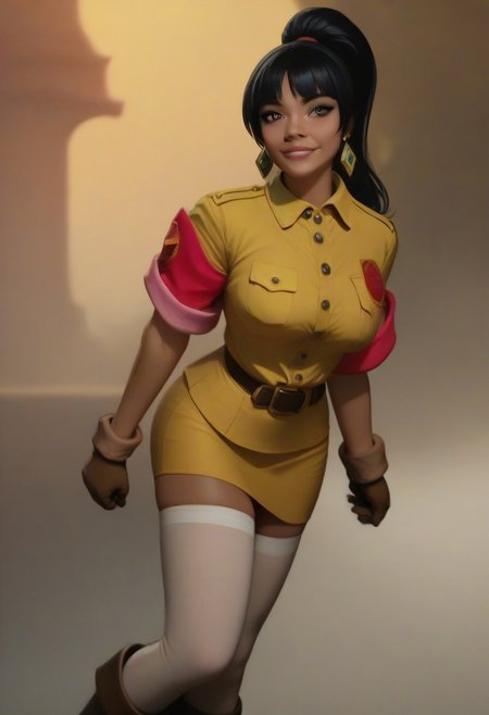 (score_9, score_8_up, score_7_up), score_6_up, best quality, masterpiece, extreme detail, perfect lighting, 4k, 2d, rating_explicit, nsfw, very detailed, best quality, highly detailed texture, depth of field, masterpiece, BREAK, 1girl, ChelXLP, chel, majestic,beautiful bright pupils, black hair, ((ponytail)),green earrings, cute face, (gorgeous face:1.3), (skin detail:1.3), (shadows:1.3),  large breasts,
((( 
 yellow shirt, sleeves rolled up, red armband, brown gloves, brown belt, yellow pencil skirt, white thighhighs, brown boots
))),
 fantasy, solo focus,epic, concept art, realistic, highly detailed, looking at viewerdark skin, looking at the viewer, detailed, intricate details, realistic,((( zoomed out shot))), tan skin,csr style,g4n1m3,Sculpted grace