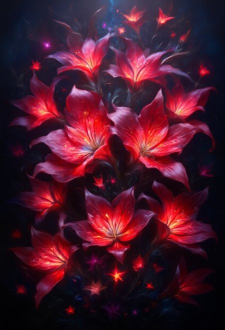 vibrant red spider lilies and glowing red butterflies against a pitch-black background Painterly,  surreal, vibrant glow, bokeh, 8k,