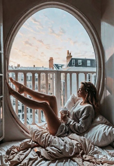 Ultra Realistic, girl, lying next to the oval window, legs up, chilling, messy bed, morning lights