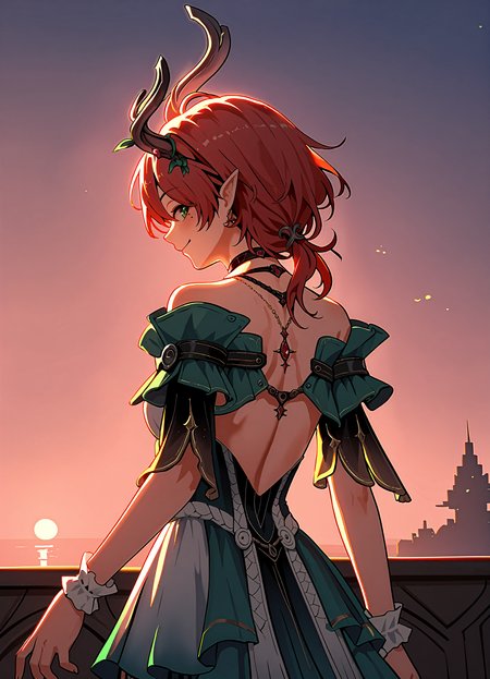 (score_9, score_8_up, score_7_up), 1girl, ciaccona, horns, choker, detached sleeves, wrist cuffs, from behind, looking back, smile, backlighting, sunset, <lora:ciaccona-wwPO-v1:0.9>