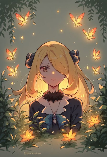 score_9, score_8_up, score_7_up, score_6_up,  <lora:c0l0urgl0wXLP:1> c0l0urgl0w, 1girl, Cynthia, long hair, green, plants, fireflies,