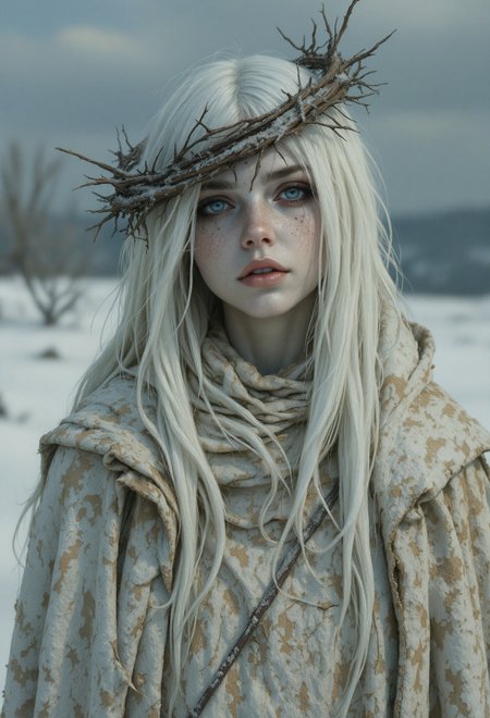 analog film photo Cinematic photo in the style of Zdzislaw Beksinski of Marzanna,medieval historical setting, a beautiful Polish goddess of winter and death,27yo, with ashen hair and a malevolent expression, wearing threadbare garments adorned with patches of ice and frost, cold deathly appearance, Her pale skin contrasts with a Crown of Thorns, and the scene is set against a winter field. The atmosphere is sinister yet enchanting, rendered in a photorealistic oil painting style with detailed textures and a cinematic feel.
masterpiece, highly detailed, ultra-aesthetic composition.
highly detailed background
35mm, realistic
. faded film, desaturated, 35mm photo, grainy, vignette, vintage, Kodachrome, Lomography, stained, highly detailed, found footage, <lora:aidmaFLuxPro1.1_v0.3:0.5> aidmafluxpro1.1 . <lora:OBååå®èåç»V2.0:0.6> obxiaoxiang <lora:FluxD3tailedP0rtraits:0.4>