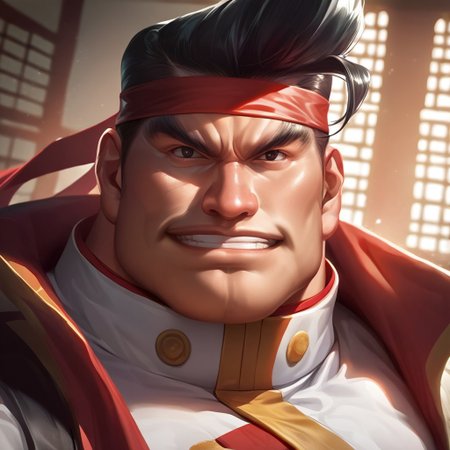 source_furry, source_explicit, source_anime, detailed background, (score_9, score_8_up, score_7_up), rating_explicit, zoroj, masterpiece, best quality, high quality, ultra detailed, highly detailed, high detail, artistic lighting, (highly detailed face, (perfect face, perfect eyes)), depth of field, perfect soft lighting, best shadows, perfect reflections, volumetric, detailed image, high resolution, defined faces, sharp definition,

solo, 1boy, male focus, Gong Strong, black eyes, black hair, pompadour, red nose, red headband, 

dojo, dynamic poses, various poses, looking at viewer, smile, grin, medium shot,