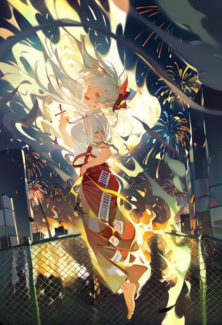 score_9, score_8_up, score_7_up, score_6_up <lora:reiXL_AutC_lokr_V43P1:0.95>  1girl, fujiwara no mokou, solo, red pants, fire, shirt, bow, hair bow, pants, white shirt, fence, ofuda, suspenders, long hair, open mouth, red bow, red eyes, night, white hair, smile, fireworks, ofuda on clothes, looking at viewer, smoke, short sleeves, baggy pants, cigarette, full body, tattoo, outdoors, pyrokinesis, building, from side, burning, torn sleeves, holding, white bow, floating hair, dated, barefoot, teeth, night sky, collared shirt, :d, shoes, chain-link fence