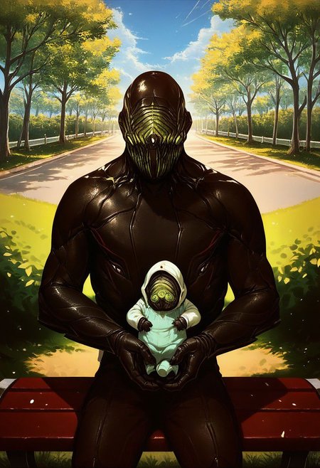 score_9, score_8_up, score_7_up, score_6_up, score_5_up, score_4_up, detailed background, stalkerwf sittingnon a bench while holding a baby, outside, park, tree, sky, upper body, StalkerWF, black body, green mask, looking at viewer, sitting on a bench, bench, green glow, eyeless, male, in a public park, trees,daytime, rays of light , cradling a baby, park background