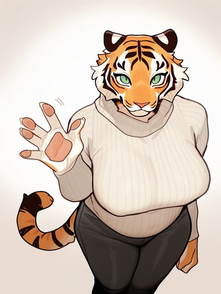 (masterpiece, best quality, very aesthetic, absurdres, artist:bebebebebe, gradient background ) 1girl, large female, solo, tiger, anthro, furry, felid, pawpads, waving, green eyes, turtleneck sweater, ribbed sweater, high-angle view, from above, looking up, foreshortening, pants, blush, chubby, big breasts  <lora:Bebebebebe_Style_Ill_V2:1>