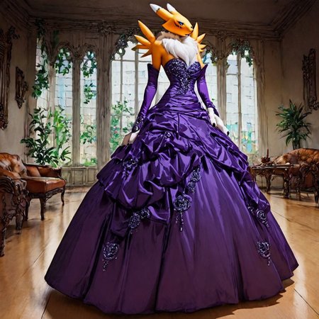 three_quarter_view ,score_9, score_8_up, score_7_up, score_6_up, score_5_up, score_4_up, source_furry, rating_explicit,
Renamon at a beautiful night ball wearing a purple colored ball gown and dancing