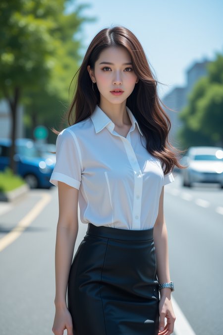 [25][24_94]Against a soft, true gradient blue background, a stunning real large breasts Japanese woman with long, flowing dark hair, her piercing gaze directly addressing the viewer. skirt, car, tree, outdoors, motor vehicle, white footwear, ground vehicle, shirt, black skirt, white shirt, road, watch, looking at viewer, short sleeves, wristwatch, standing, brown eyes, day, shoes, pencil skirt, photo background, collared shirt, lips , <lora:flux-RealismLora :1>, <lora:YunaFluxV1:0.7>, cinematic light, ultra high res, 8k uhd, intricate details, Movie Light, film grain, dreamlike, perfect anatomy, best shadow, delicate, RAW,