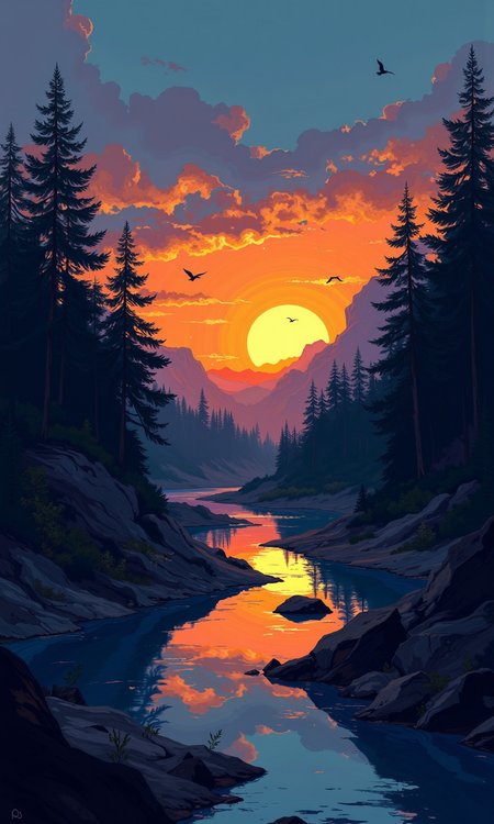 Full shot of a stylized landscape painting. 
A serene valley, deep within a forest, is depicted at sunset. 
The foreground showcases a calm, dark-toned river winding through the valley. Rocky outcrops and shorelines are visible along the river's edge. The color palette shifts from deep blues and purples in the sky to warm oranges and yellows around the setting sun. 
Dense, dark silhouettes of evergreen trees line the valley's sides, creating a frame around the valley floor. 
The sky is a gradient of deep blues, transitioning to a vibrant orange and gold as the sun descends, creating a dramatic and impressive sunset. A few small, dark silhouettes of birds are scattered across the sky, adding a subtle touch of movement to the otherwise tranquil scene. 
The atmosphere is serene and peaceful, with the sun as the focal point and the silhouettes of the trees and other elements enhancing the peaceful ambiance. The image's style leans towards a digital painting or graphic illustration, rather than a photorealistic rendering.
<lora:FLUX-daubrez-DB4RZ-v2:1> DB4RZ, DB4RZ style painting