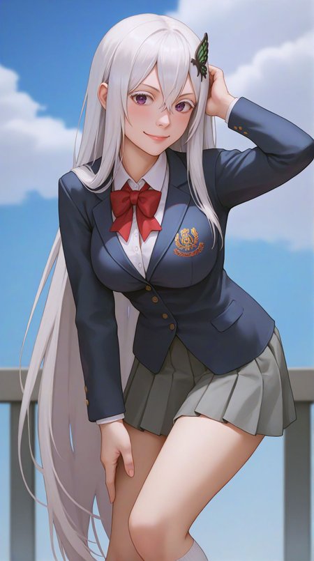 zPDXLxxx,score_9,score_8_up,score_7_up,realistic,masterpiece,best quality,perfect anatomy,very aesthetic,absurdres,
<lora:Quality tweaker_last:-2>,
<lora:Breast Slider - Pony_alpha1.0_rank4_noxattn_last:2>,
<lora:azurlaneXLP6lokrV4236T2:0>,
solo,blush,smile,
from side,from below,adjusting hair,arm behind head,bent over,
<lora:Echidna PonyXL Anzhc v1.6:1>,
echidna,purple eyes,white hair,hair between eyes,very long hair,butterfly hair ornament,
school uniform,red bowtie,blazer,blue jacket,collared shirt,white shirt,grey skirt,pleated skirt,white socks,kneehighs,shoes,