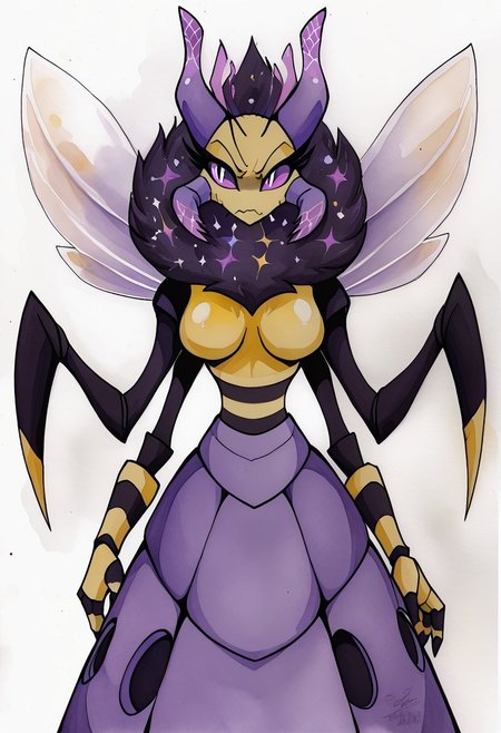 hivemine_(retrospecter), arthropod girl, absurd_res, hi_res, antennae_(anatomy), arthropod girl, bee, bee girl, arthropod abdomen, anthro, 4 arms, mandibles, hivemore form, dress, purple dress, looking at viewer, light purple eyes, serious, serious expression, (wavy mouth), featureless breasts, watercolor \(medium\), traditional media BREAK,
((castle background)), detailed background, detailed,