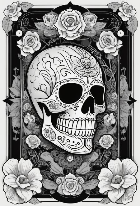 tarot card, dia de los muertos, front perspective, flat, frame,( square:1.1), (white outline:1.2) (black and white:1.2)