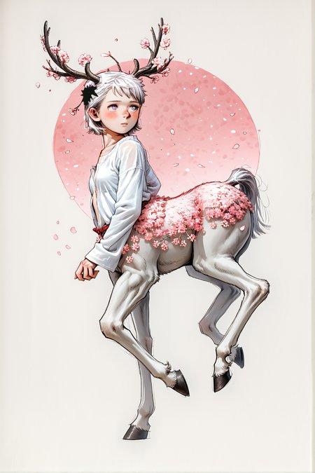 SmoothQualityPony, 1 girl, centaur, doe, slender, solo, antlers, flowers, cherry blossoms, simple background, short hair, blush, looking to the side, small breasts,oversized shirt, long sleeves, pale skin, sfw, eyes focus, close-up,