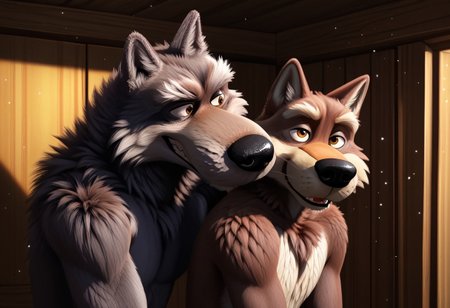 score_8, score_7, score_9_up, BodiPhantom, masterpiece, high quality, detailed, best quality, (detailed room), detailed background, detailed character, detailed character details, detailed face, detailed muzzle, dust, particles, practices, fluffy wool, fluffy fur, high quality, very high rendering, smooth lines, 4k, 8k, 16k, huge resolution, a lot of details, detailed fur, high budget, cinemascope, epic, gorgeous, film grain, grainy, high quality, detailed, high resolution, high quality, high resolution, furry character, 3DMM, 2boys, 2 boys, 
first character: "bybodird008, cartoon_style, source_cartoon, gray wolf, wolf, fluffy wolf, shaggy, (hybrid), boy, furry, furry_male, anthro, stupid wolf1, (He's taller and thicker, and his eyes are wide open, which adds to his innocence)";
second character: "bybodird008, cartoon_style, source_cartoon, gray wolf, wolf, fluffy wolf, shaggy, (hybrid), boy, furry, furry_male, anthro, cunning wolf2, (He is thin, with a large head and narrowed eyes)";
BREAK
source_furry, adult, anthro, (((muscular))), 2 wolf, 
two wolves, two detailed characters, hugging, gay, different wolves, different faces, detailed face