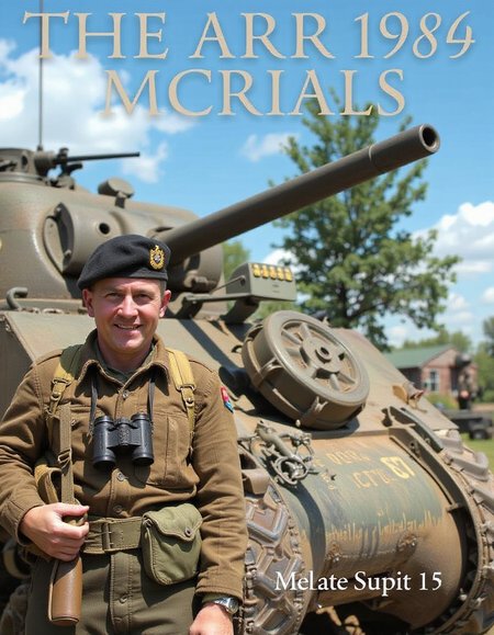 An image of a WWII battlefield. In the dust, a man wearing a black beret smiles at us, with a tank behind him. He has binoculars hanging from his neck.,<lora:British_37_Pattern_Battledress_Uniform_Flux (1):0.8> <lora:m4a3-75:0.8> m4a3_75,