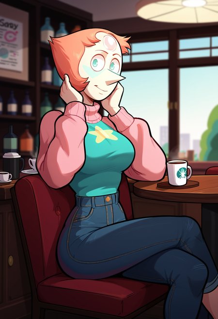 score_9, score_8_up, score_7_up, score_6_up, score_5_up, score_4_up,
BREAK
pearl \(steven universe\), 1girl, blue eyes, orange hair, pearl on forehead, pale skin,
BREAK
front view, solo, clothed, pink knit sweater, sweater tucked in, pale jeans, toned, big breasts, wide hips, sitting on chair, elbows on table, crossed legs,
BREAK
cafe, indoors, furniture, round table, coffee cup, sunny, <lora:incase---1:0.8>, <lora:Pearl_PDXL:0.6>,