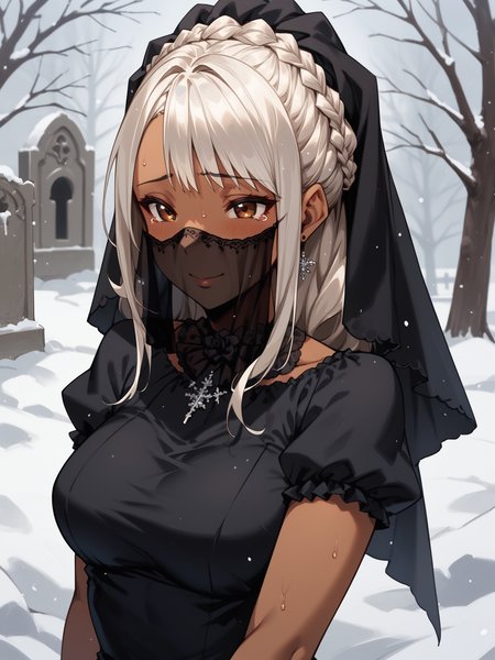 (upper body, solo focus:1.2) <lora:happy_tentacle-mao-v0.2-000036:1>, ht_mao, white hair, brown eyes, tan, dark skin, large breasts (petite:1.2), <lora:Shed_The_Skin's StS_age_slider_v1_initial_release:-1.4> ( :1.1) sweat ( , (crying with eyes open:0.8) , ( :1.2) , smile , (looking at another:1.2) :1.1) , outdoors, vegetation, ( :1.1), winter, snow , (day :0.6), , (:0.5), , ( :0.9), graveyard, funeral, (funeral dress, black dress, black veil:1.3) ( :0.8) score_9, score_8_up, score_7_up, score_6_up, score_5_up, score_4_up, ( [(realistic, photorealistic:1.3):(realistic:1.2):14] [(3d:1.2)::12] :1) <lora:LUUNA's Lunas-NijiJourney-SDXL-B2:0.35>, nijijourney <lora:prgfrg23's Counterfeit-V3.0 Style SDXL_LoRA_Pony Diffusion V6 XL:0.5> <lora:mfcg's mfcgXL:0.12> <lora:reweik's gyokai(himehajime)_PonyXL_style_v01:0.14>