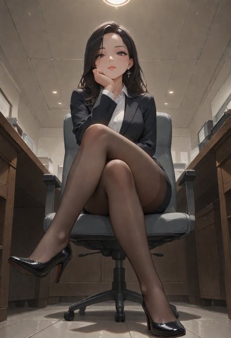 best quality, amazing quality, very  esthetic, newest, scenery, high-resolution, masterpiece, overlooking, looking at viewer, low angle, front side, detail eyes, 
1girl, cool, confident, mature, lure, slutty, no bang, sitting on chair, office chair, cross legs, lay on side, hand on chin, solo ,black hair, long hair, short skirt, black suit, earrings, black pantyhose, luster pantyhose, detail pantyhose, high heel, doesn't wear high heel tightly, 
detail background, senior office, Realistic style, dark, turn off light.