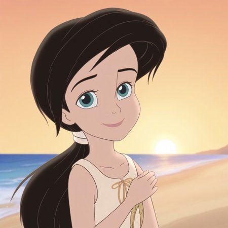 close up,melody,aqua eyes,thick eyebrowns,black hair,ponytail,smile,closed mouth,white hairband,arms down,green undershirt,sleeveless,one sleeve,sea,yellow sunrise beach background