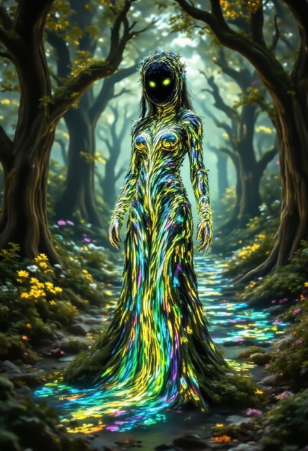A sylvan creature, its skin the color of moss and its eyes shimmering with an emerald glow, stands within an ancient grove. It wears a dress woven from moonlight and wildflowers, adorned with iridescent feathers and shimmering with an ethereal light. Its presence seems to make the sunlight filter through the leaves in a kaleidoscopic dance, the colors blending and swirling like liquid dream